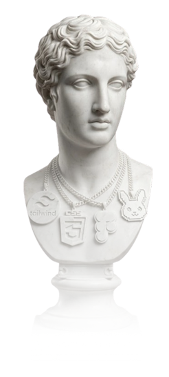 Classical bust statue with tech logo necklaces