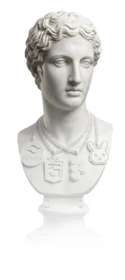 Classical bust statue with tech logo necklaces