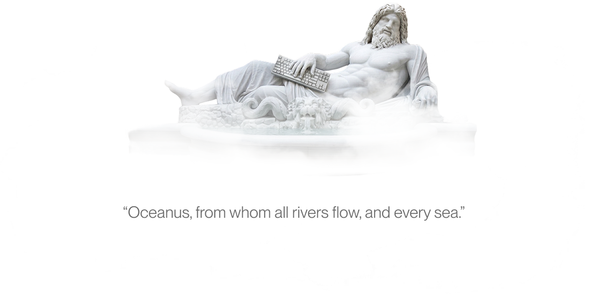Oceanus statue — reclining classical figure with keyboard