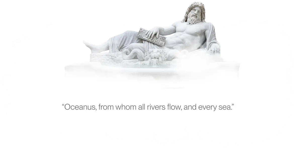 Oceanus statue — reclining classical figure with keyboard