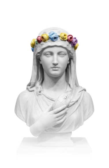 Classical bust with colorful flower crown and computer mouse