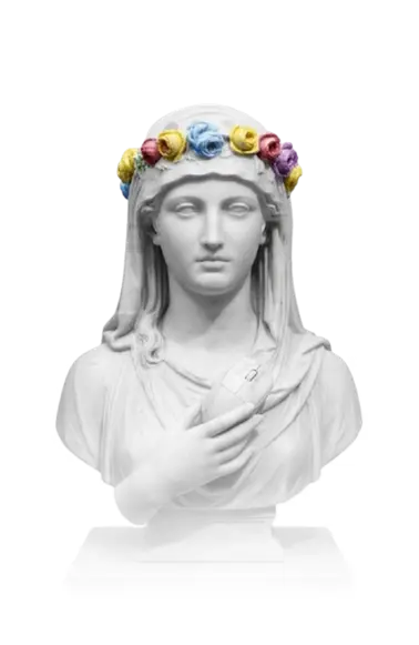 Classical bust with colorful flower crown and computer mouse